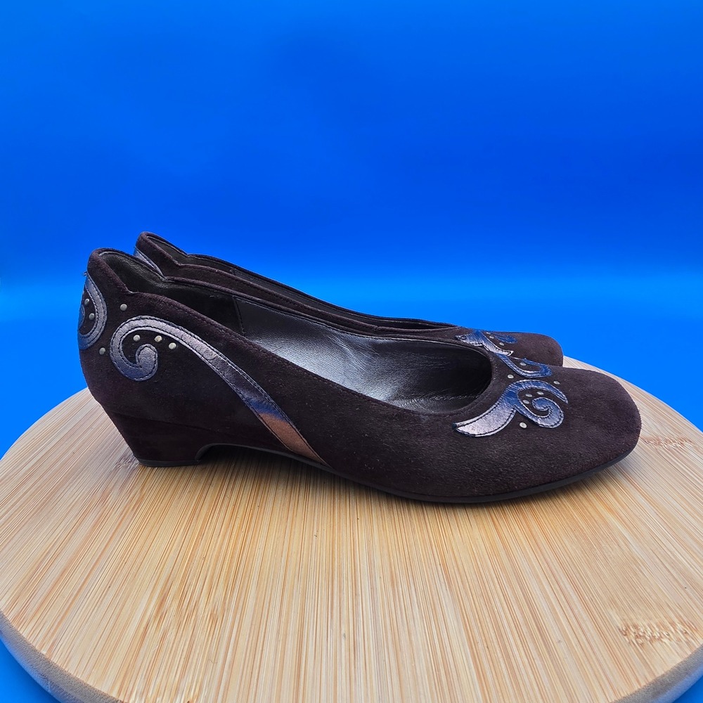Gabor Women's Brown Suede Low Wedge Pumps Silver Swirl Detail Size UK 4 US 6.5